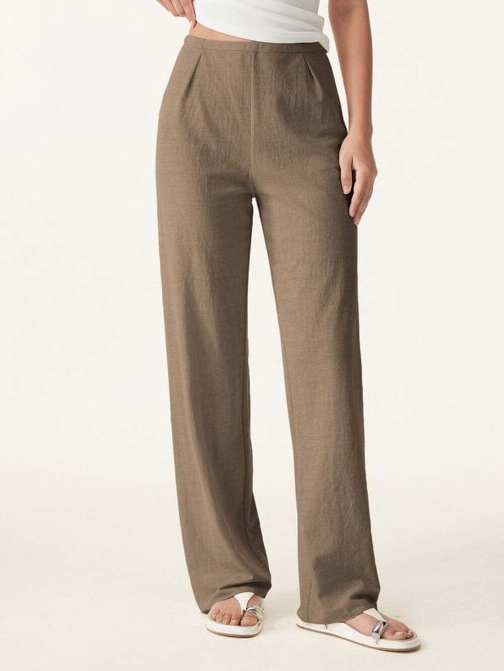 NWT OGL Women's Large Brown Cotton Linen Mid-Rise Straight Leg Side Zip Pants